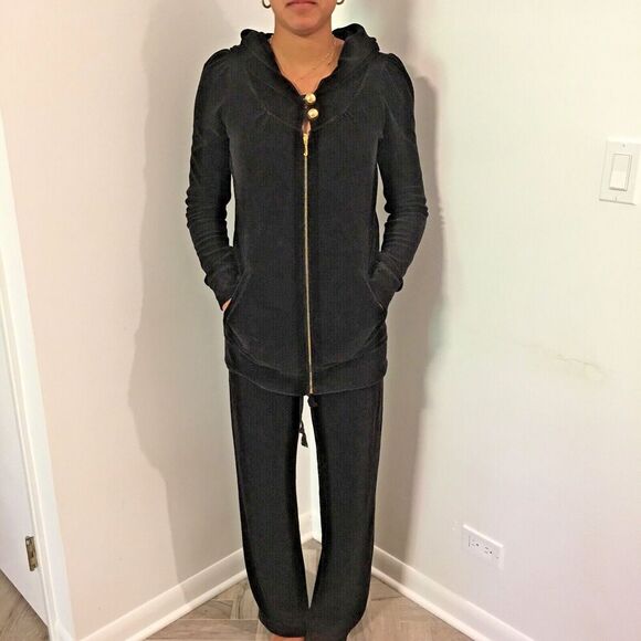 JUICY COUTURE Black Velour Jacket Drawstring Pants Gold Buttons Puff Shoulder M - Picture 1 of 12